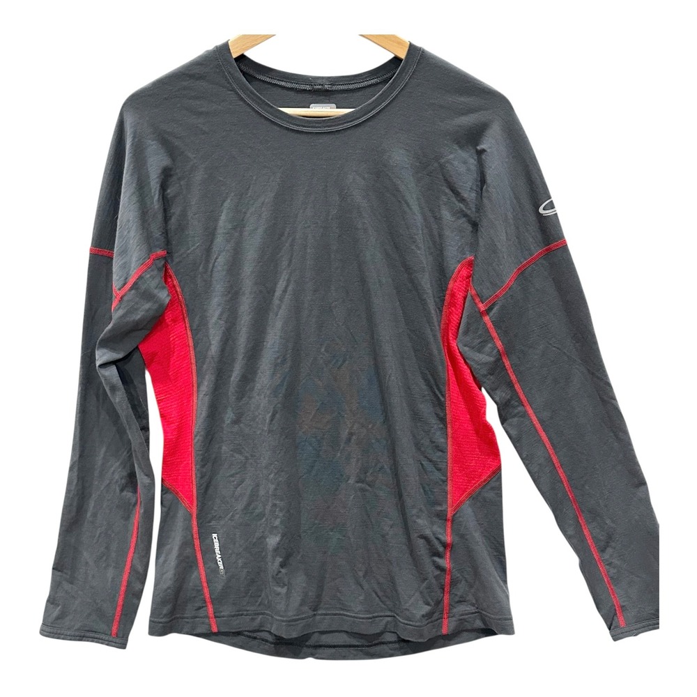 Icebreaker GT 200 Mens L Merino Wool Base Layer Top Long Sleeve Gray Red